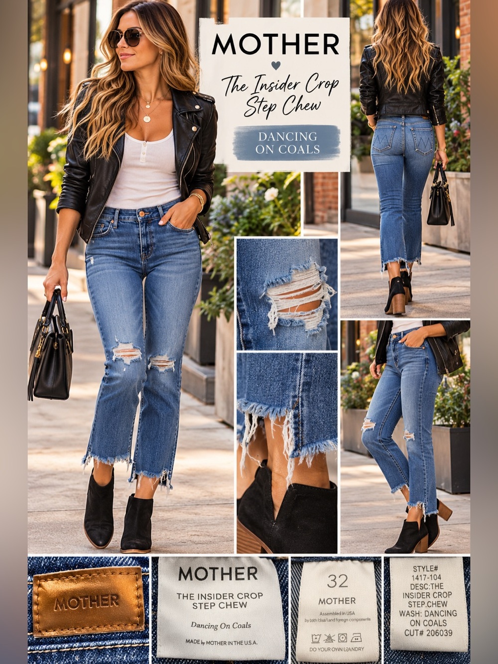 MOTHER “The Insider Crop Step Chew” High Rise Distressed Jeans W/ Raw Uneven Hem
